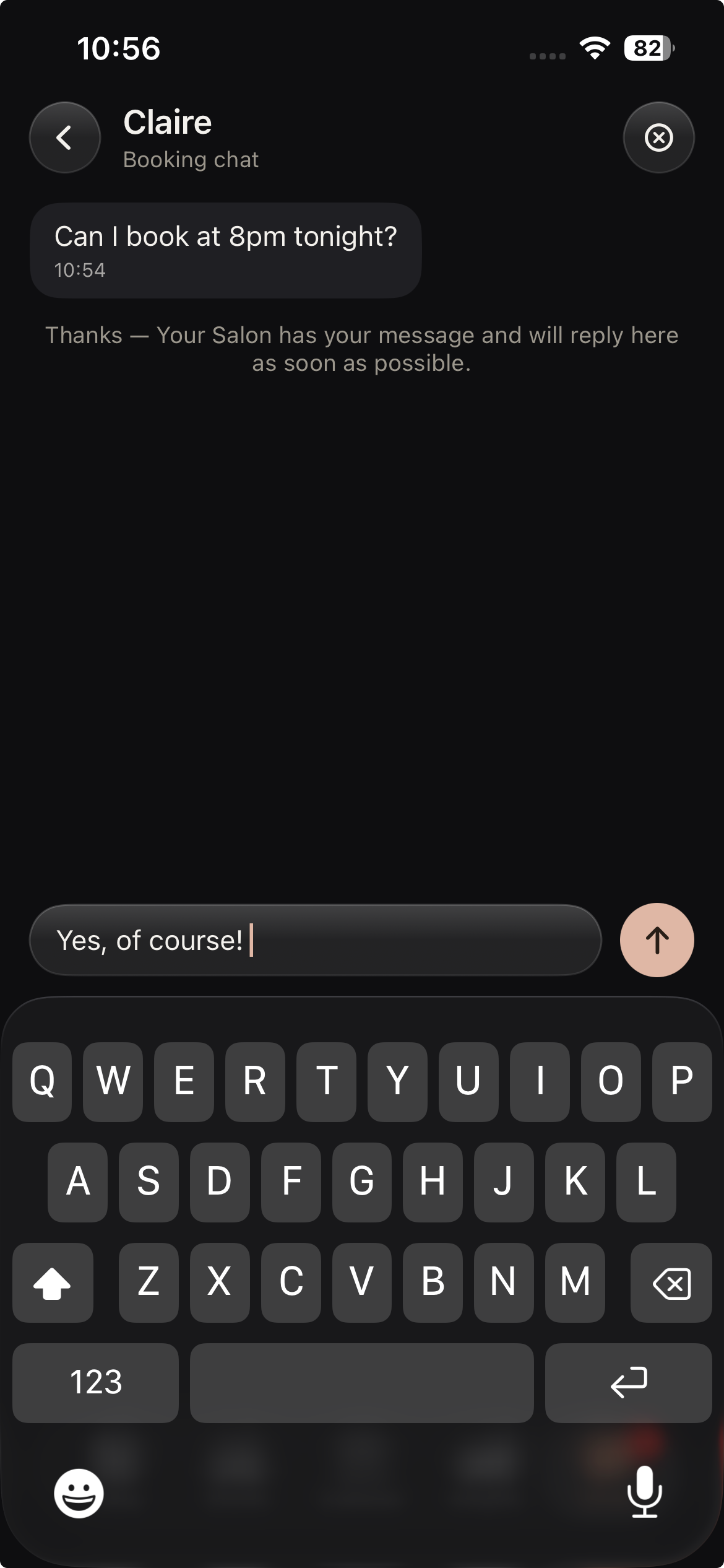 A booking chat between a lash salon and a client in Lash Create